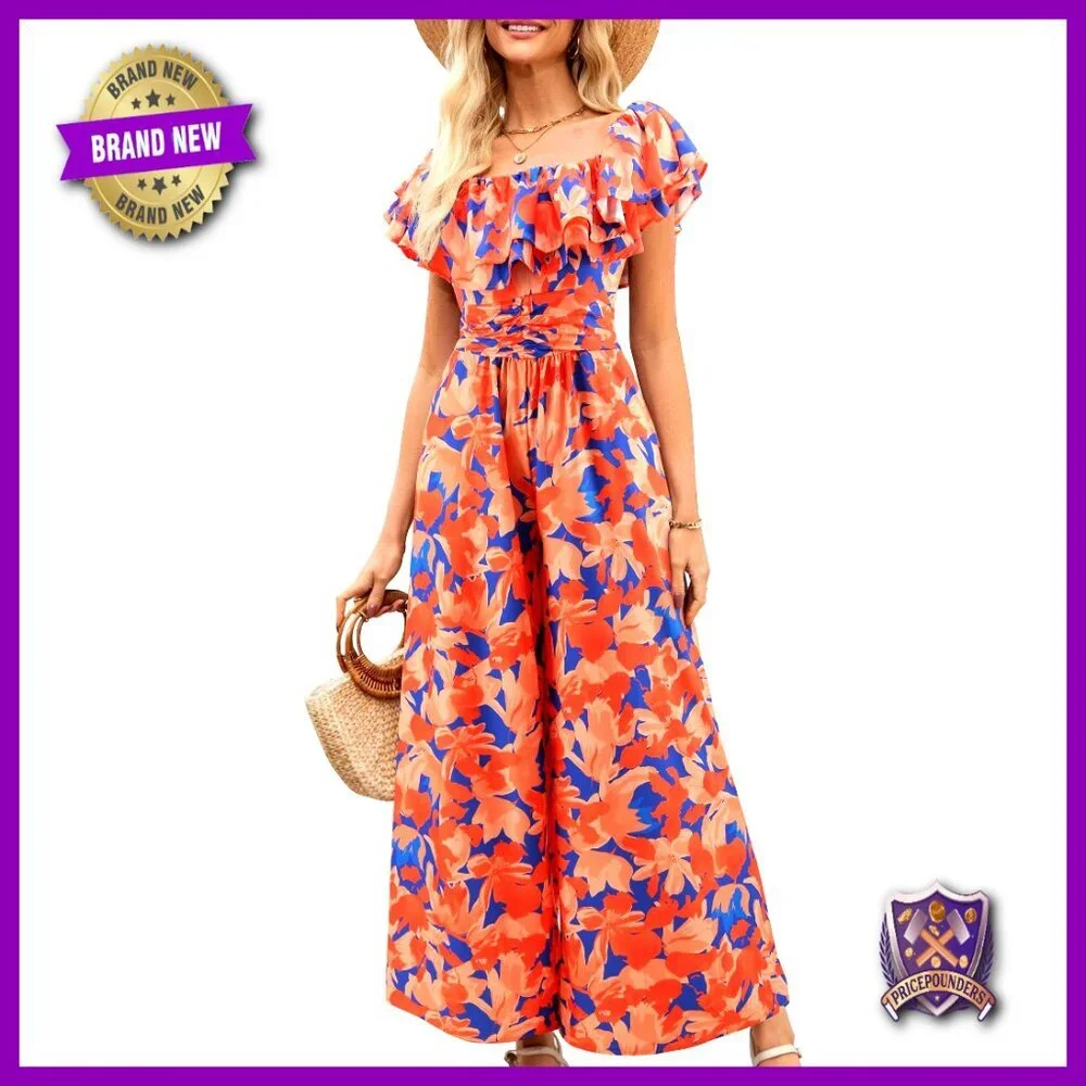Floral Wide Leg Jumpsuit with Pockets, Square Neck, Ruffle Sleeves, Summer